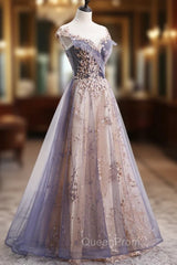 A-Line Tulle Long Evening Prom Dresses with Sequins, Cute Scoop Neckline Evening Dresses