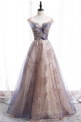 A-Line Tulle Long Evening Prom Dresses with Sequins, Cute Scoop Neckline Evening Dresses