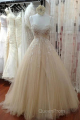 A Line Tulle Long Evening Prom Straps Sweetheart Lace Appliques Wedding Dresses