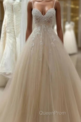 A Line Tulle Long Evening Prom Straps Sweetheart Lace Appliques Wedding Dresses