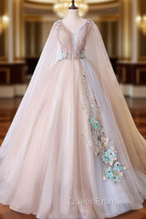 A Line Tulle Pink Embroidery Appliqued Long Evening Prom Dresses