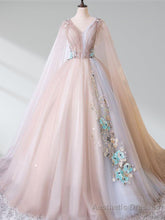 A Line Tulle Pink Embroidery Appliqued Long Prom Dresses