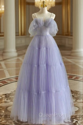 A-Line Tulle Purple Long Evening Prom Dresses, Purple Long Graduation Dresses