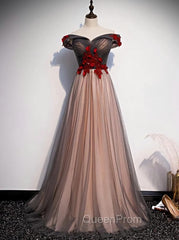 A-line Tulle Ruched Embellished Evening Prom Dresses, Long Party Dresses