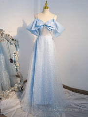 A-Line Tulle Sequin Blue Long Prom Dress, Blue Long Formal Dress