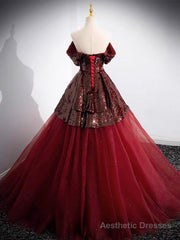 A-Line Tulle Sequin Burgundy Long Prom Dress, Off Shoulder Burgundy Formal Dress