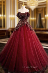 A-Line Tulle Sequin Burgundy Long Evening Prom Dresses, Off Shoulder Burgundy Evening Dresses