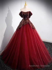 A-Line Tulle Sequin Burgundy Long Prom Dress, Off Shoulder Burgundy Formal Dress