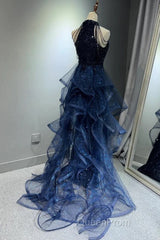 A-Line Tulle Sequin Dark Blue Long Evening Prom Dresses, Dark Blue Long Formal Dresses