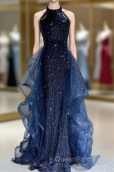 A-Line Tulle Sequin Dark Blue Long Evening Prom Dresses, Dark Blue Long Formal Dresses