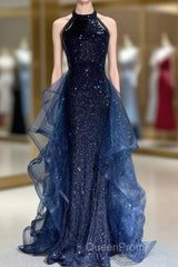 A-Line Tulle Sequin Dark Blue Long Evening Prom Dresses, Dark Blue Long Formal Dresses