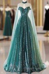 A-Line Tulle Sequin Green Long Evening Prom Dresses, Green Formal Evening Dresses