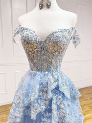A-Line Tulle Sequin Lace Blue Long Evening Prom Dresses, Blue Long Formal Dresses
