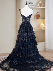 A-Line Tulle Sequin Navy Blue Long Prom Dress, Navy Blue Sequin Long Formal Dress