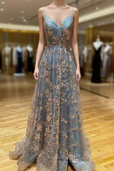 A-Line Tulle Sequins Long Evening Prom Dresses, V-Neck Backless Evening Dresses