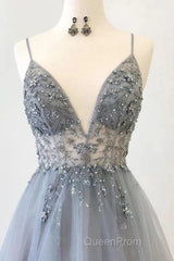 A Line Tulle Spaghetti Straps V Neck Appliques Long Evening Prom Dresses Beautiful
