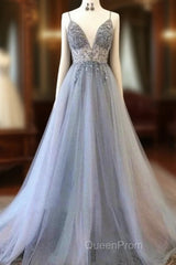 A Line Tulle Spaghetti Straps V Neck Appliques Long Evening Prom Dresses Beautiful