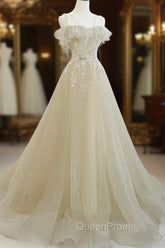 A-Line Tulle Straps Beaed Lace Long Evening Dresses, Tulle Evening Dresses Evening Prom Dresses