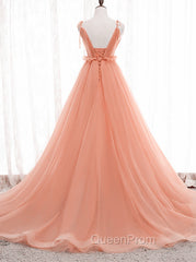 A-line Tulle Straps Low Back Long Wedding Party Dresses, Pink Tulle Long Evening Prom Dresses