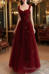 A-Line Tulle Sweetheart Straps Long Formal Dresses, Wine Red Evening Dresses Evening Prom Dresses