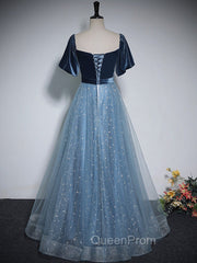 A-Line Tulle Velvet Blue Long Evening Prom Dresses, Blue Tulle Evening Dresses