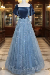 A-Line Tulle Velvet Blue Long Evening Prom Dresses, Blue Tulle Evening Dresses