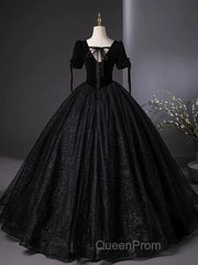 A-Line Tulle Velvet Sequin Black Long Evening Prom Dresses, Black Long Evening Dresses