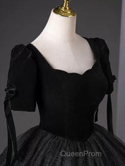 A-Line Tulle Velvet Sequin Black Long Evening Prom Dresses, Black Long Evening Dresses