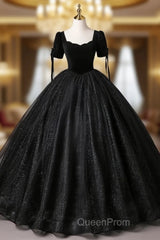 A-Line Tulle Velvet Sequin Black Long Evening Prom Dresses, Black Long Evening Dresses