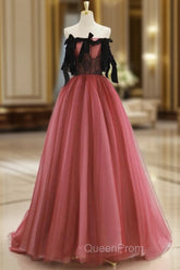 A-Line Tulle Watermelon Red Long Evening Prom Dresses, Watermelon Red Tulle Long Evening Dresses