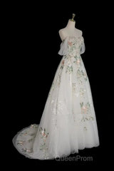 A-Line Tulle With Flower Lace White Wedding Party Dresses, White Tulle Evening Dresses Evening Prom Dresses