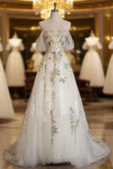 A-Line Tulle With Flower Lace White Wedding Party Dresses, White Tulle Evening Dresses Evening Prom Dresses