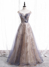 A-line Tulle with Lace Applique Party Dresses, Tulle Long Evening Prom Dresses