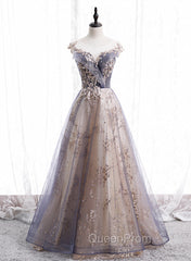 A-line Tulle with Lace Applique Party Dresses, Tulle Long Evening Prom Dresses