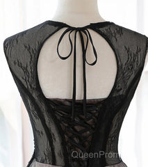 A-Line Tulle With Lace Round Neckline Floor Length Party Dresses Black Evening Prom Dresses Formal Dresses