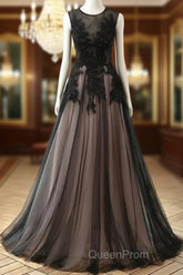 A-Line Tulle With Lace Round Neckline Floor Length Party Dresses Black Evening Prom Dresses Formal Dresses