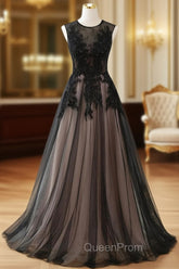 A-line Tulle with Lace Round Neckline Floor Length Party Dresses, Black Evening Prom Dresses