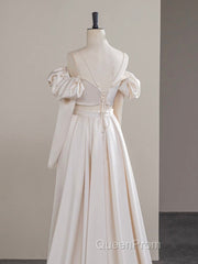 A-Line Two Pieces Satin Champagne Long Evening Prom Dresses, Champagne Formal Dresses