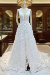 A-Line V-Neck Applique Sweep Train Stretch Crepe Wedding Dresses