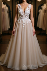 A Line V Neck Appliques Lace Evening Prom Dresses, Lace Formal Graduation Evening Dresses