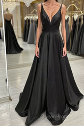 A Line V Neck Backless Black Long Evening Prom Dresses, V Neck Black Formal Dresses, Backless Black Evening Dresses