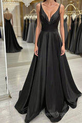 A Line V Neck Backless Black Long Evening Prom Dresses, V Neck Black Formal Dresses, Backless Black Evening Dresses