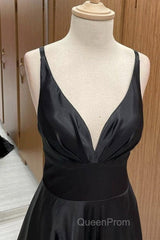 A Line V Neck Backless Black Long Evening Prom Dresses, V Neck Black Formal Dresses, Backless Black Evening Dresses
