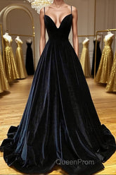 A Line V Neck Backless Black Velvet Long Evening Prom Dresses, V Neck Black Formal Dresses, Black Velvet Evening Dresses