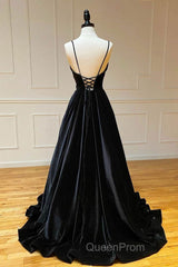 A Line V Neck Backless Black Velvet Long Evening Prom Dresses, V Neck Black Formal Dresses, Black Velvet Evening Dresses