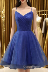 A Line V Neck Backless Blue Tulle Evening Prom Dresses, Backless Blue Homecoming Dresses, Short Blue Formal Evening Dresses