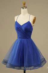 A Line V Neck Backless Blue Tulle Evening Prom Dresses, Backless Blue Homecoming Dresses, Short Blue Formal Evening Dresses