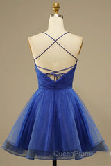 A Line V Neck Backless Blue Tulle Evening Prom Dresses, Backless Blue Homecoming Dresses, Short Blue Formal Evening Dresses