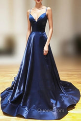 A Line V Neck Backless Dark Navy Blue Evening Prom Dresses, Open Back Navy Blue Evening Dresses