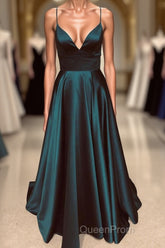 A Line V Neck Backless Long Evening Prom Dresses Simple Dark Green Formal Evening Gowns